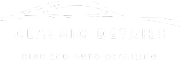 White logo for Classic Details featuring a sleek outline of a car above the business name, with the tagline “High End Auto Detailing” beneath it.