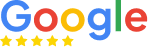 Google Reviews logo with five gold stars underneath, indicating a top-rated business or service.